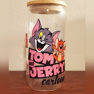 🪻3/$25 Tom and Jerry Cute Cartoon Glass tumbler 16oz reusable straw bamboo lid